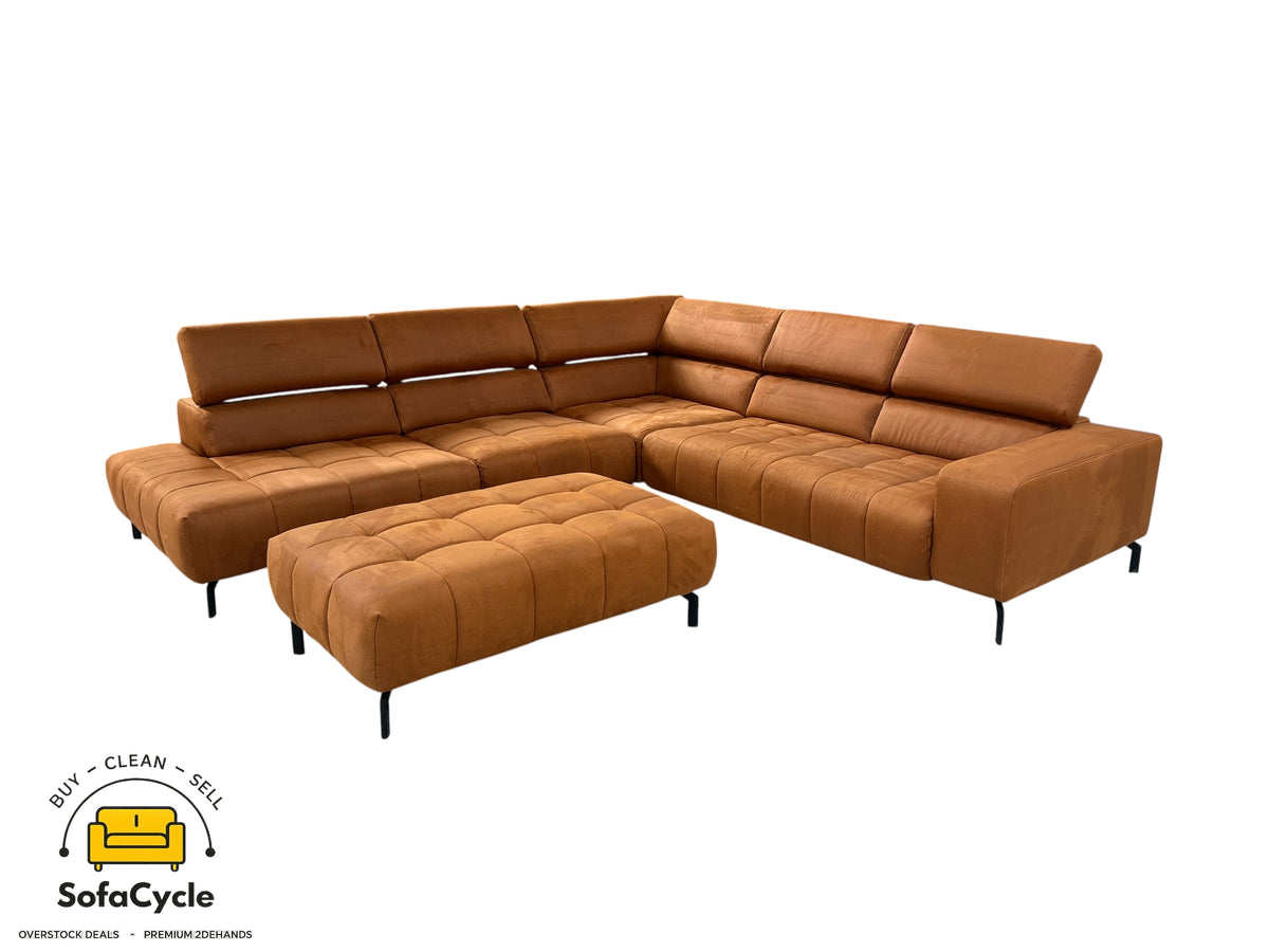 Hoekzetel cognac microvezel, poef + hoofdsteun – tweedehands