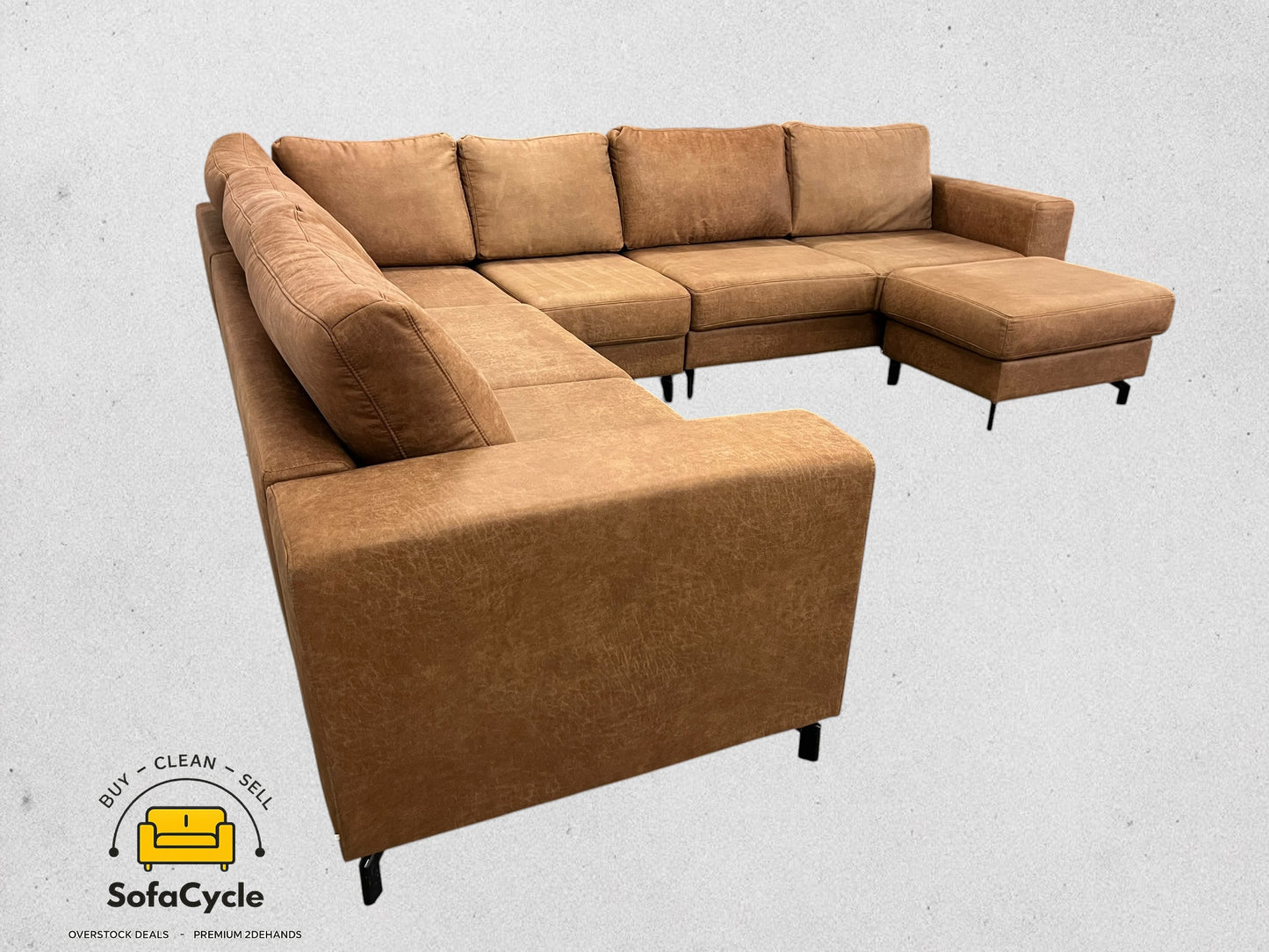 Hoekzetel cognac in microvezel met poef, XL – tweedehands