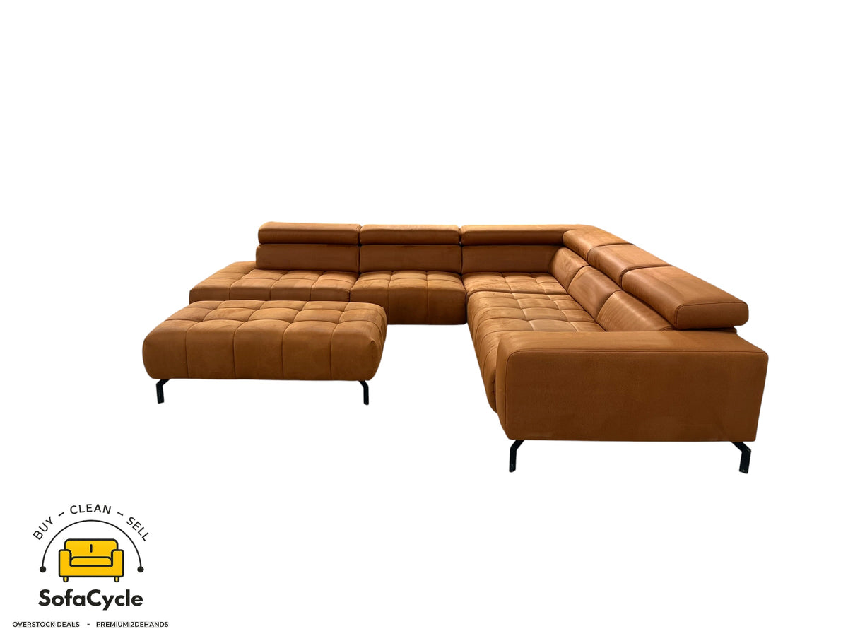 Hoekzetel cognac microvezel, poef + hoofdsteun – tweedehands