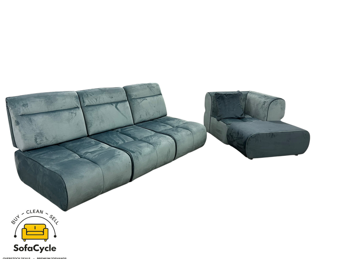 3-zit blauw in fluweel met hoekelement, modulair – overstock