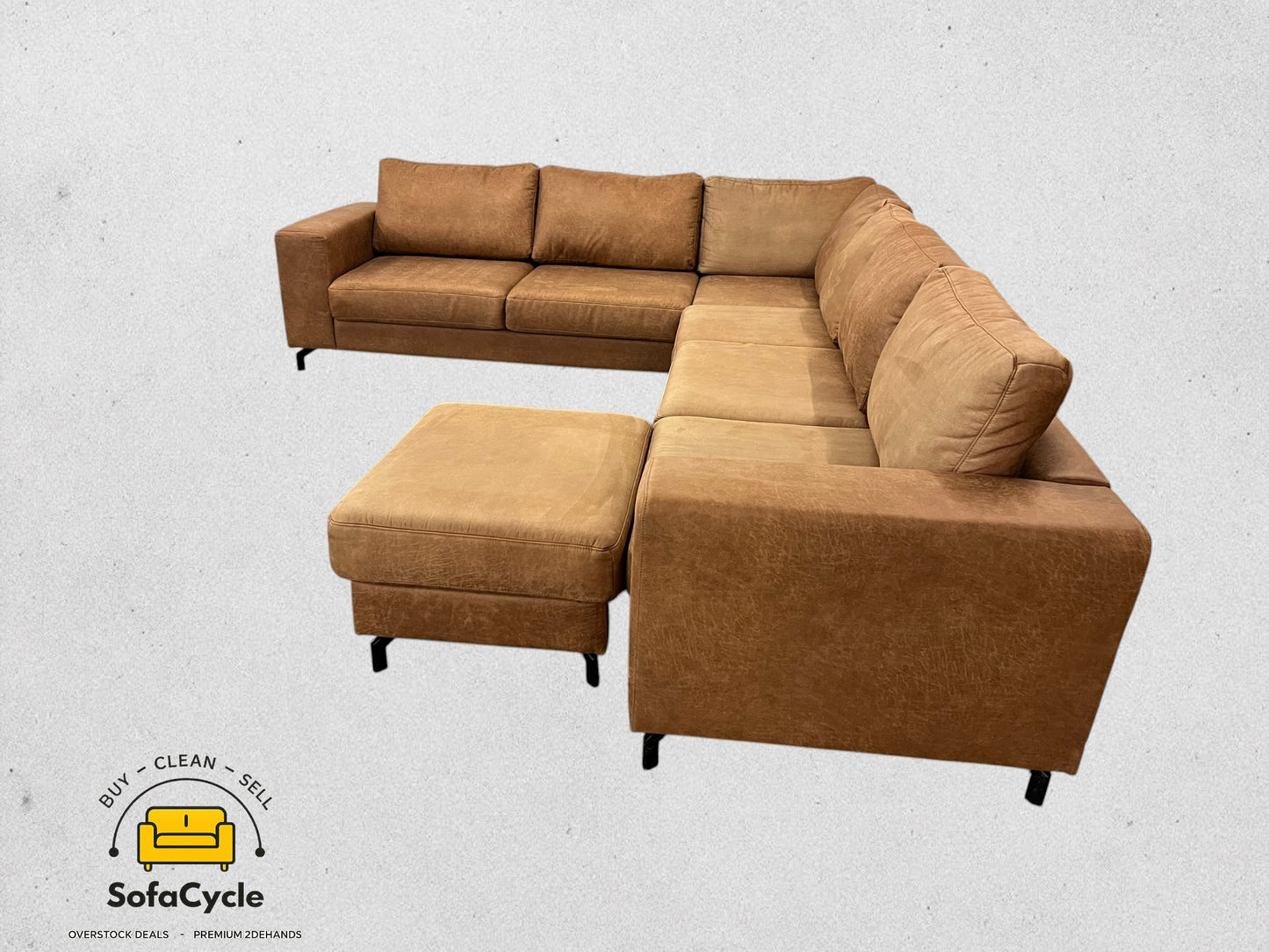 Hoekzetel cognac in microvezel met poef, XL – tweedehands