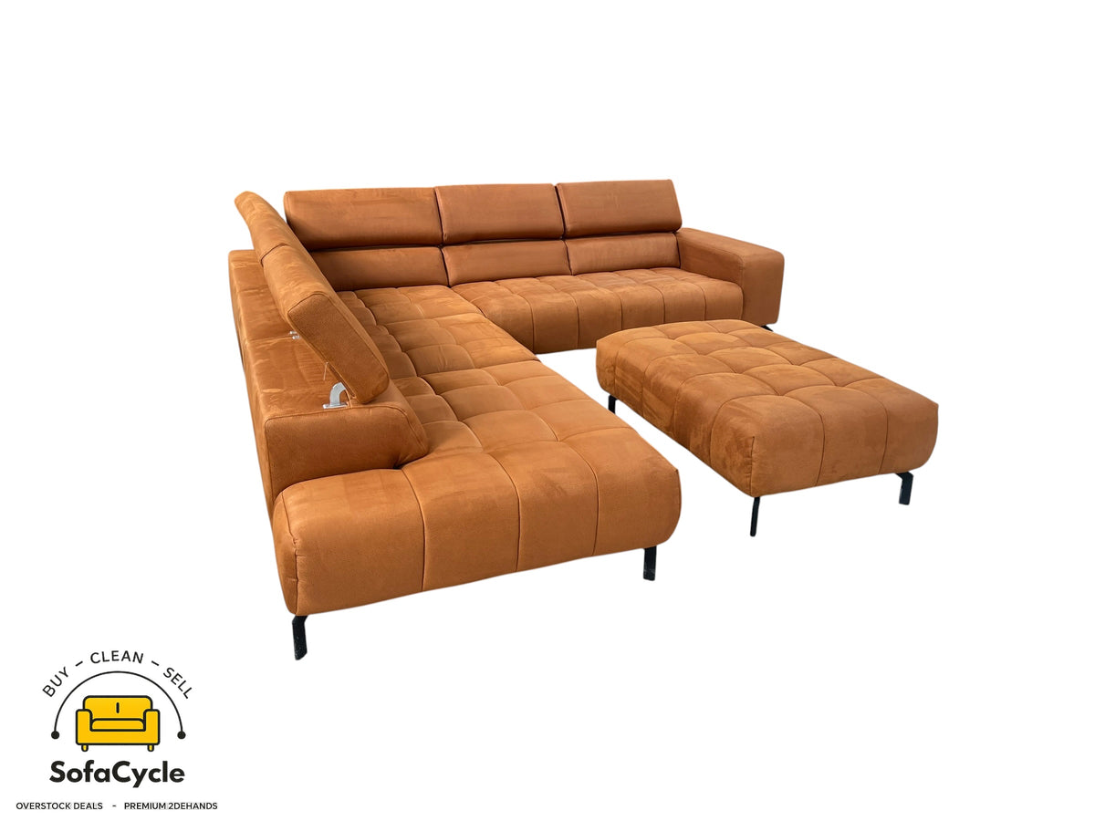 Hoekzetel cognac microvezel, poef + hoofdsteun – tweedehands