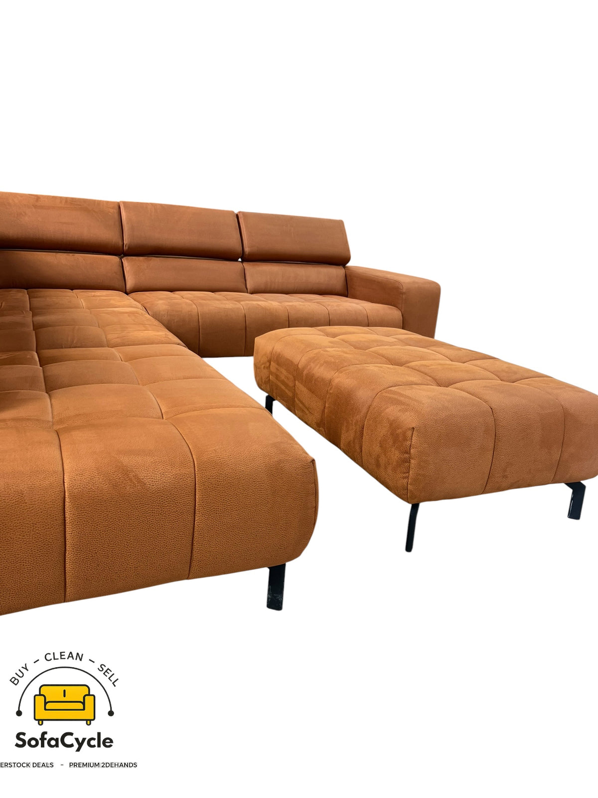 Hoekzetel cognac microvezel, poef + hoofdsteun – tweedehands