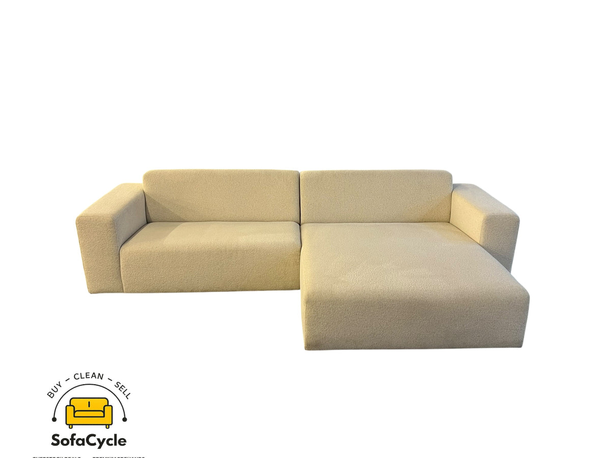 Hoekzetel beige in bouclé, extra breed, hoek R – overstock