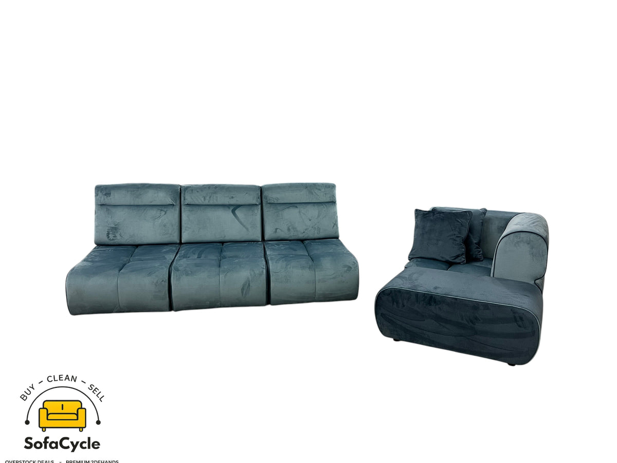 3-zit blauw in fluweel met hoekelement, modulair – overstock