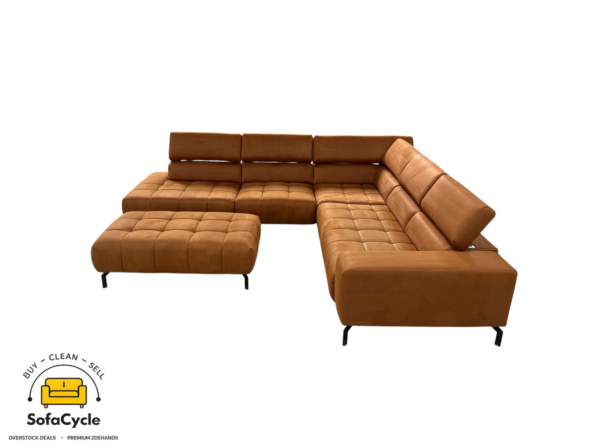 Hoekzetel cognac microvezel, poef + hoofdsteun – tweedehands