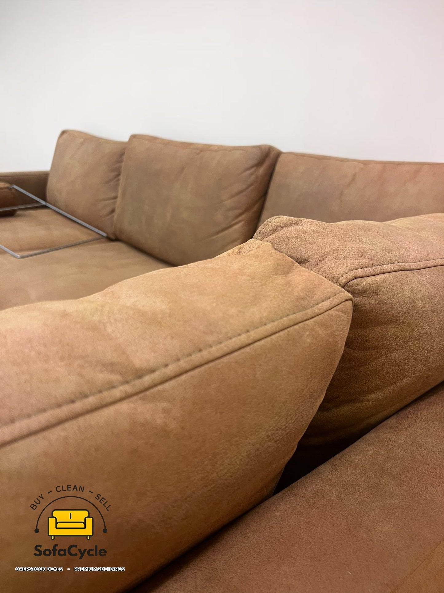 Hoekzetel cognac in microvezel met hoofdsteun – tweedehands