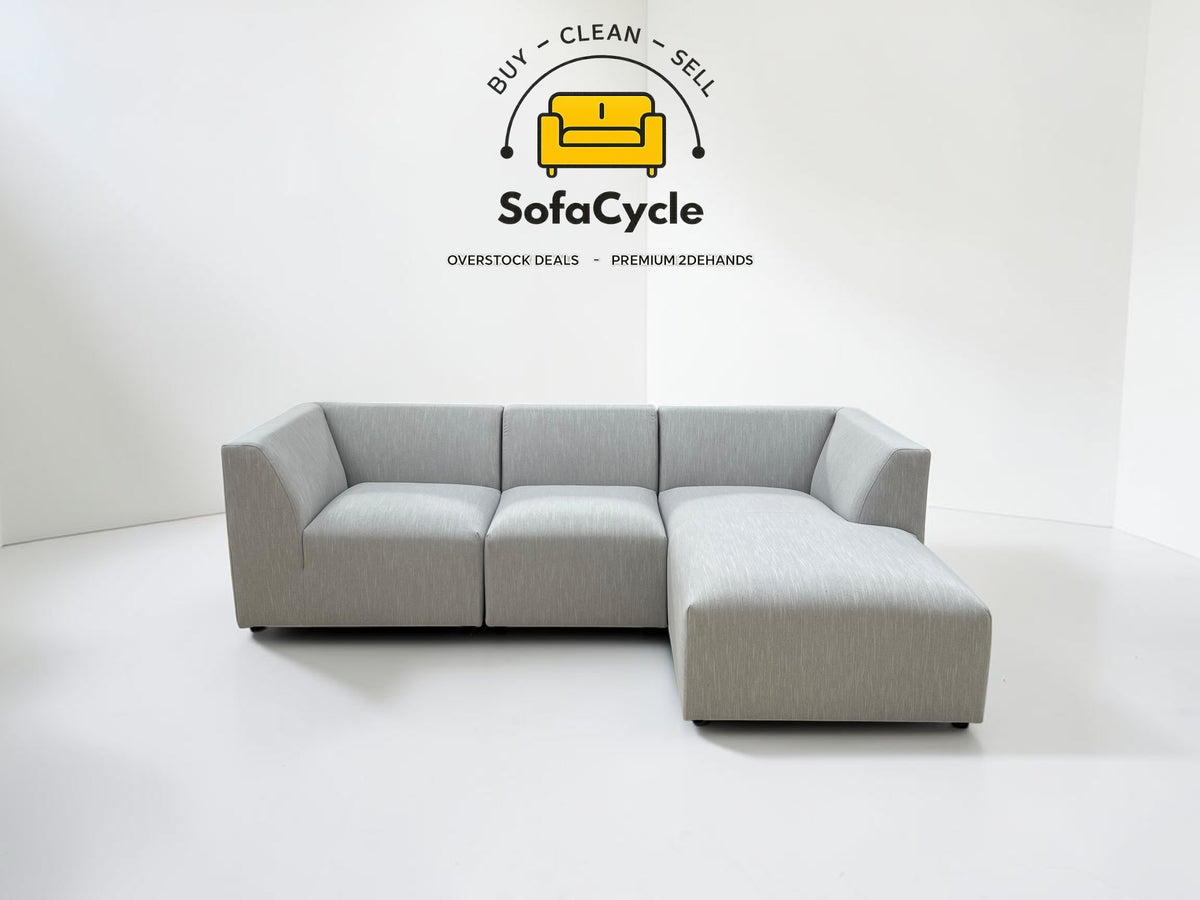 Hoekzetel lichtgrijs in stof, modulair, hoek R – overstock