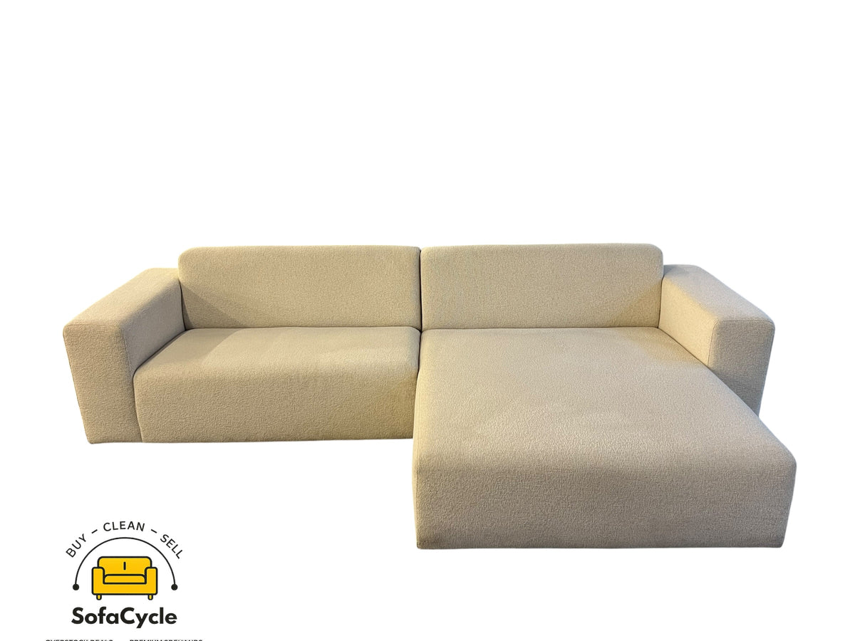 Hoekzetel beige in bouclé, extra breed, hoek R – overstock