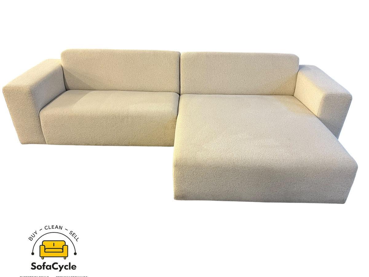Hoekzetel beige in bouclé, extra breed, hoek R – overstock
