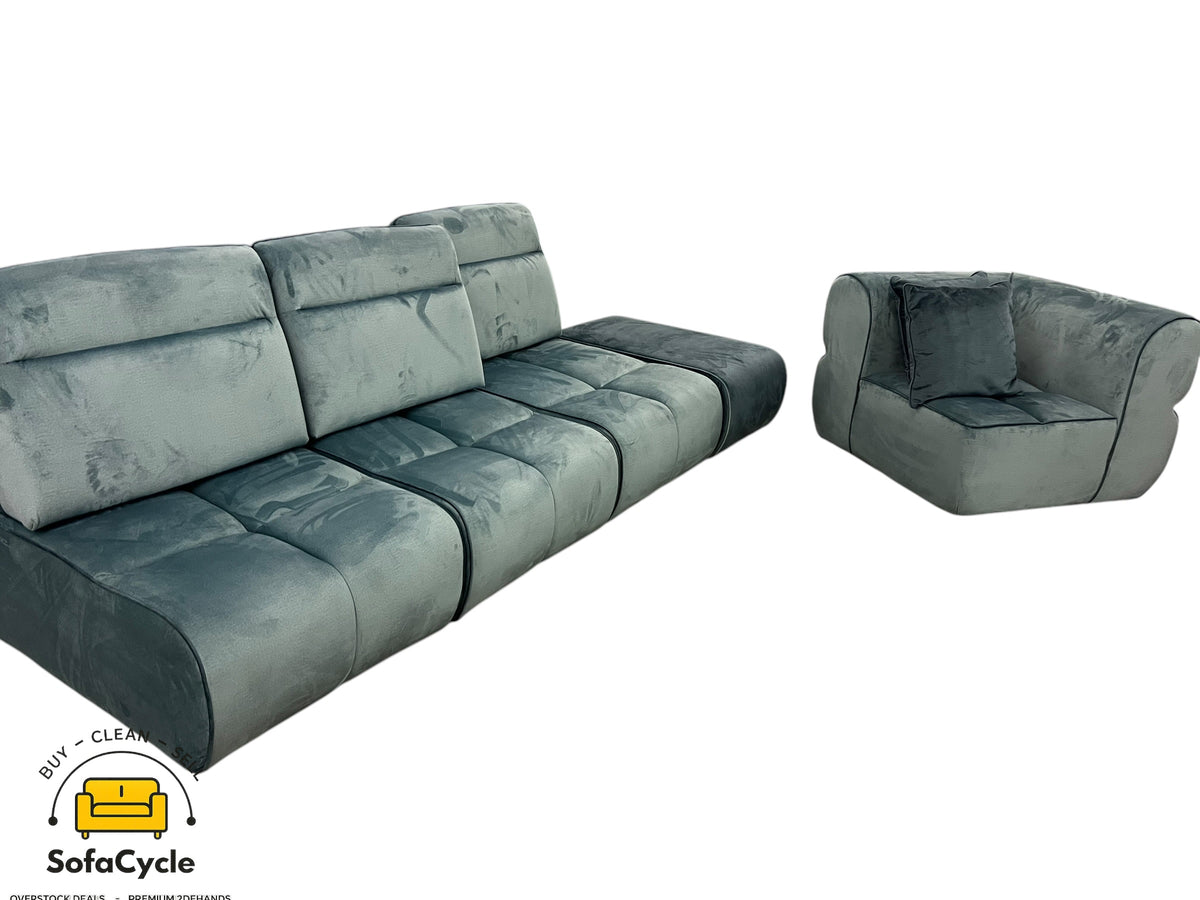 3-zit blauw in fluweel met hoekelement, modulair – overstock