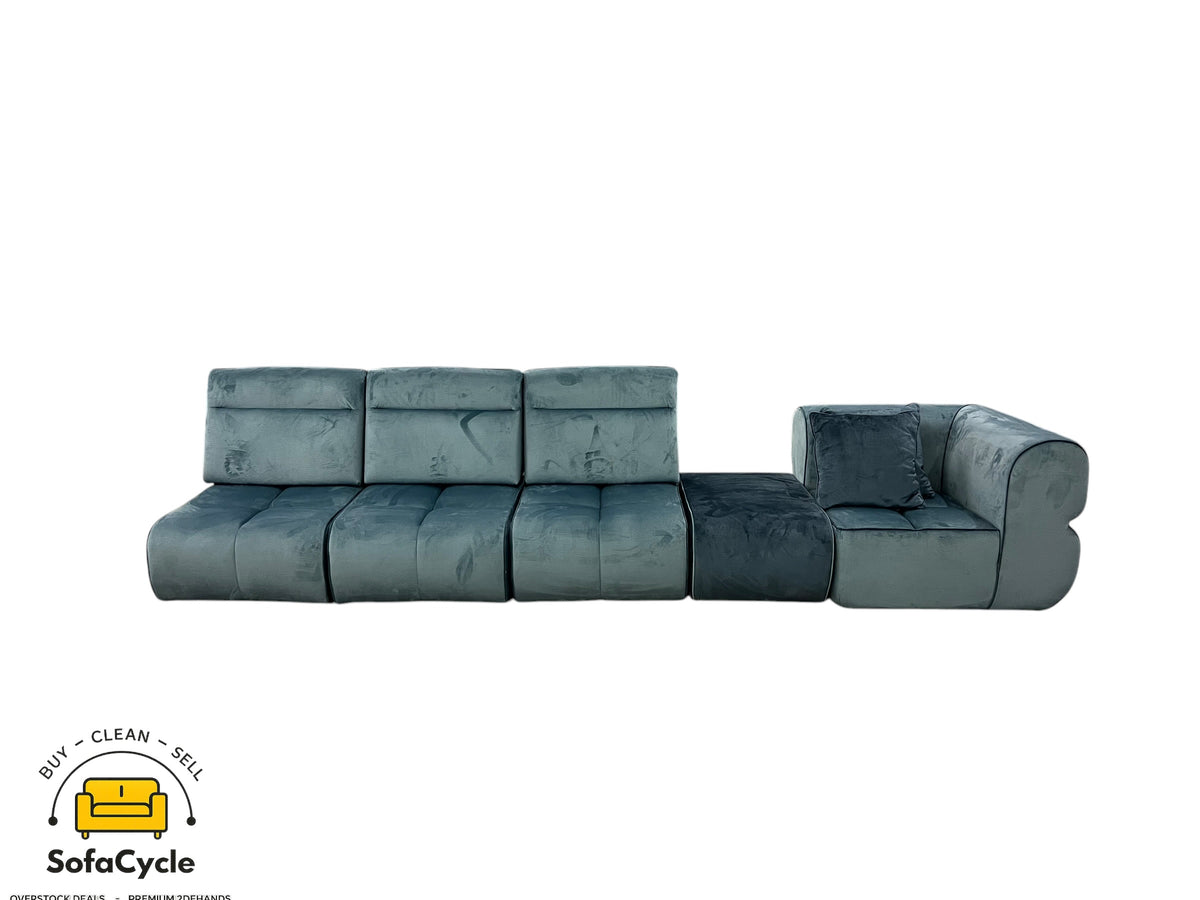 3-zit blauw in fluweel met hoekelement, modulair – overstock