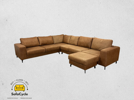 Hoekzetel cognac in microvezel met poef, XL – tweedehands