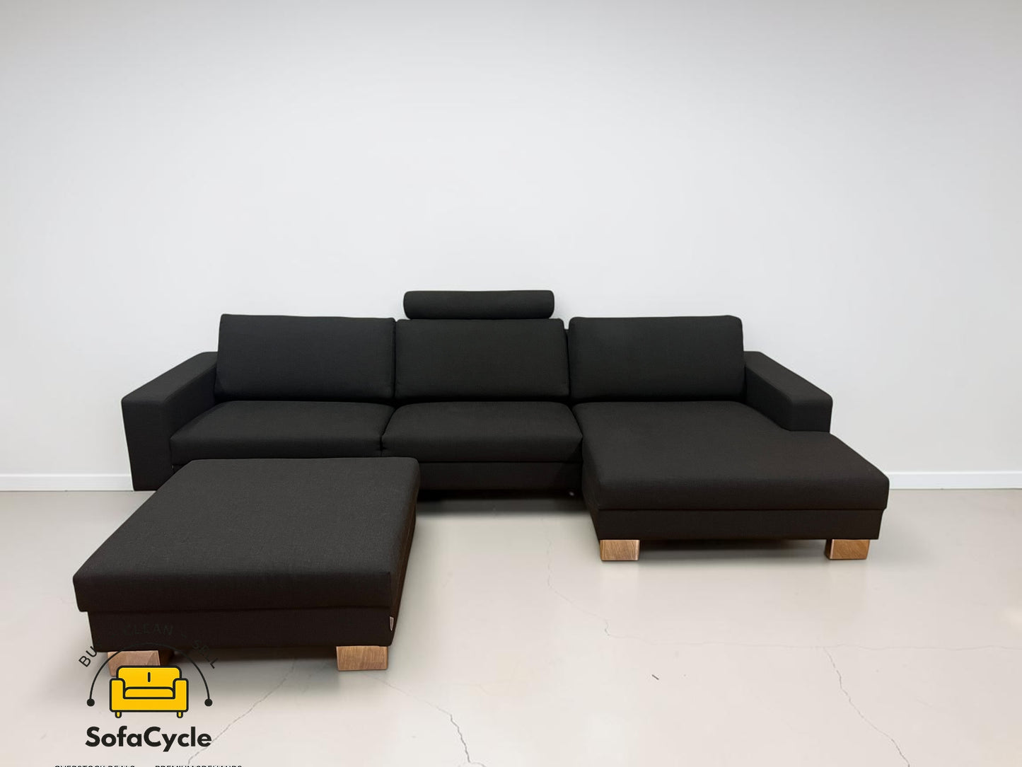 SITS hoekzetel zwart in stof met poef, hoek R – tweedehands