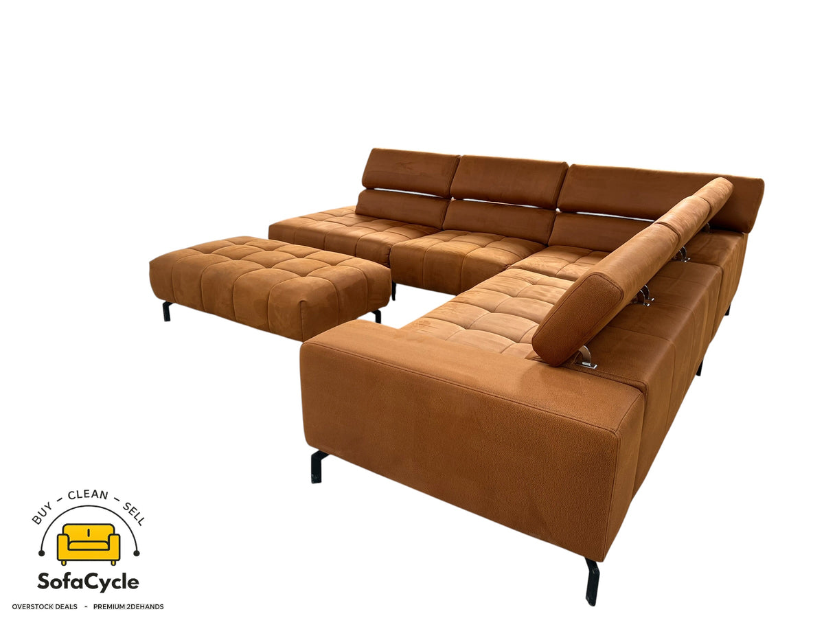 Hoekzetel cognac microvezel, poef + hoofdsteun – tweedehands