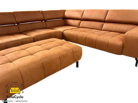 Hoekzetel cognac microvezel, poef + hoofdsteun – tweedehands