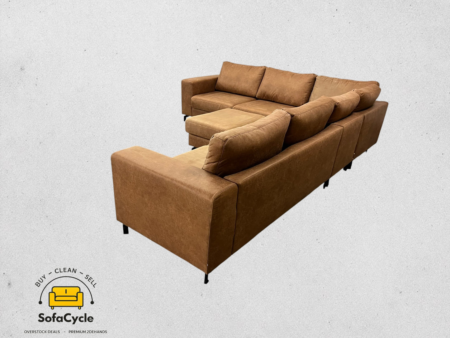 Hoekzetel cognac in microvezel met poef, XL – tweedehands