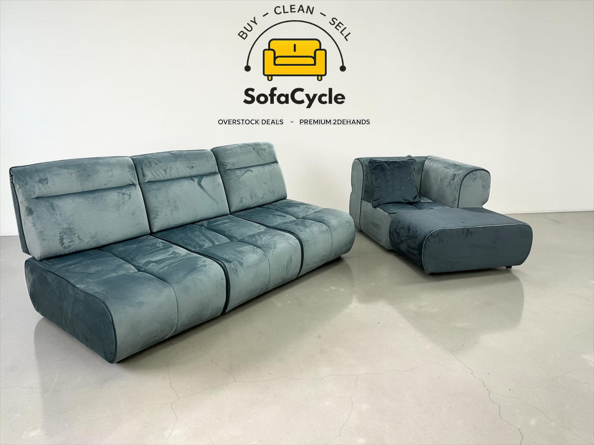 3-zit blauw in fluweel met hoekelement, modulair – overstock