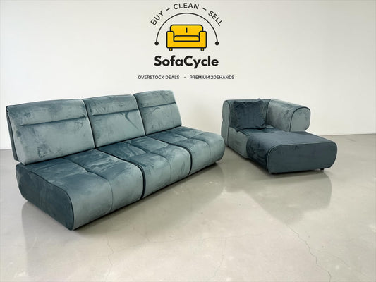 3-zit blauw in fluweel met hoekelement, modulair – overstock