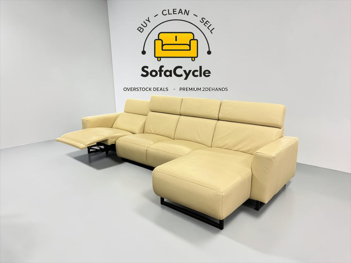 Hoekzetel beige in echt leder, hoek R met elektrische relax – tweedehands