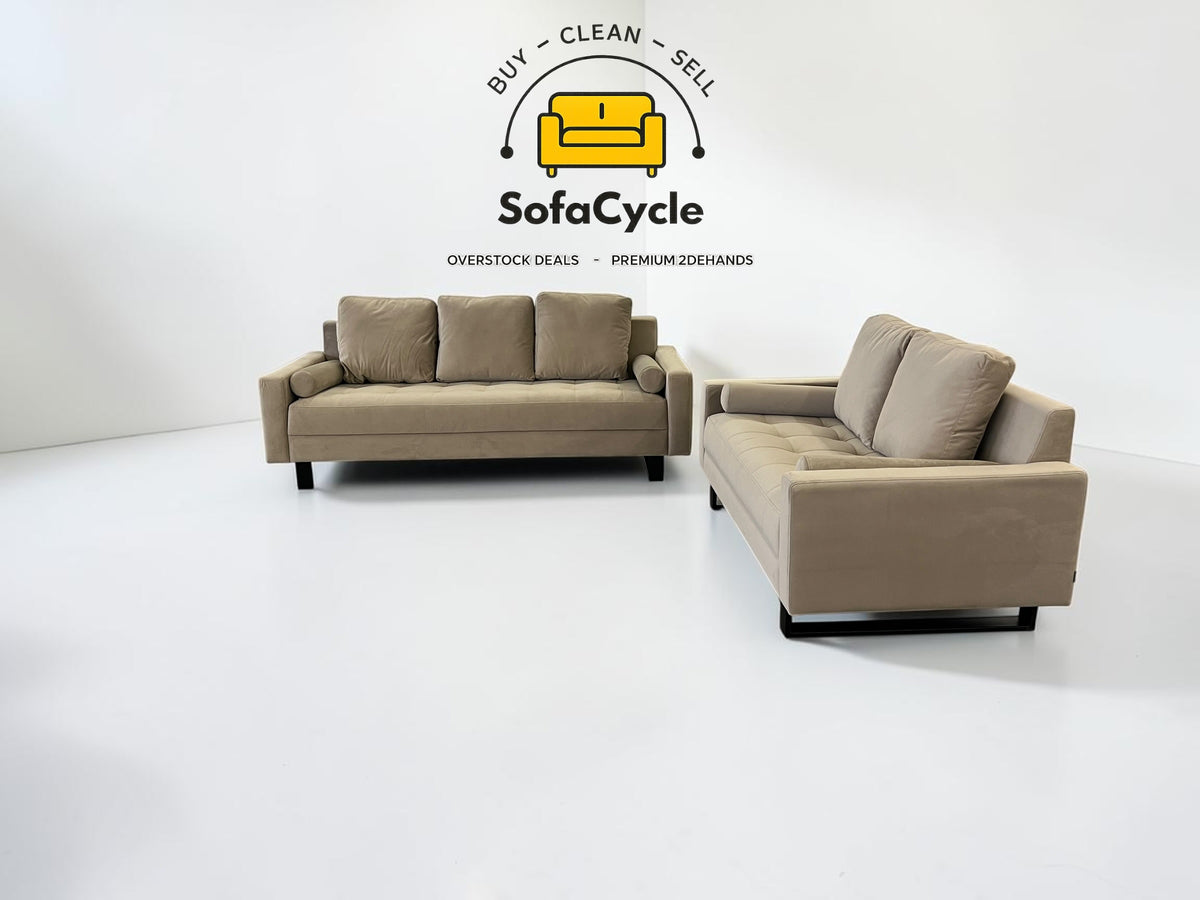 NV Gallery 3-zit + 2-zit taupe in fluweel – overstock