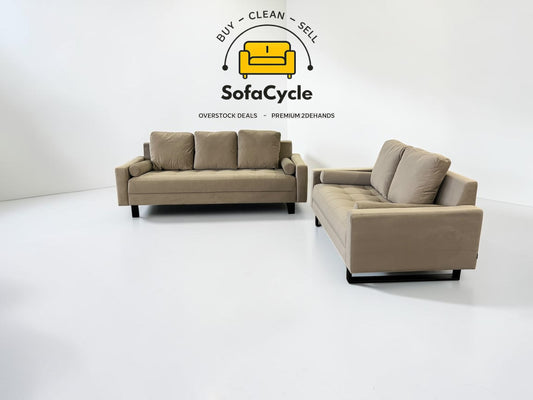 NV Gallery 3-zit + 2-zit taupe in fluweel – overstock
