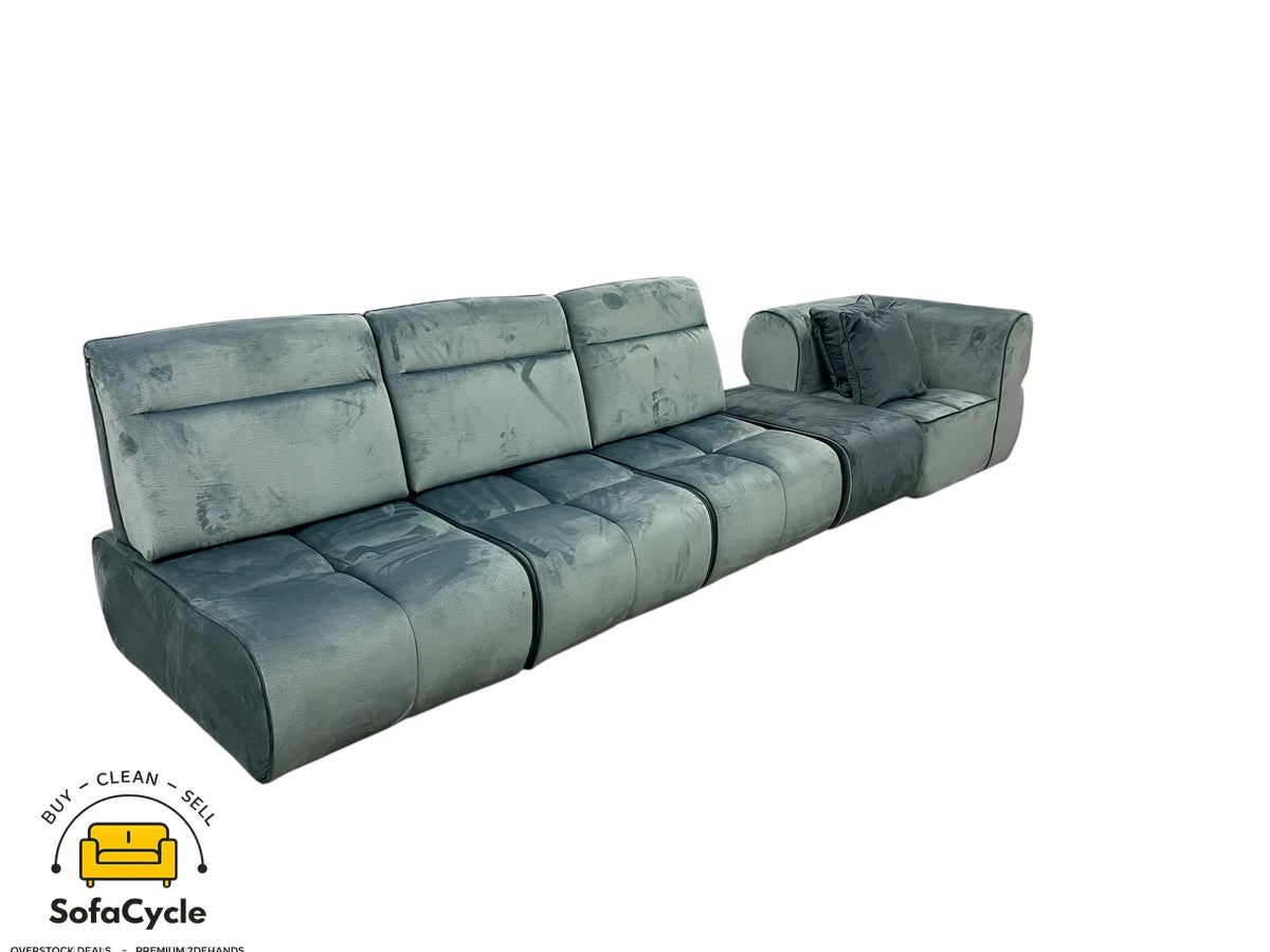 3-zit blauw in fluweel met hoekelement, modulair – overstock