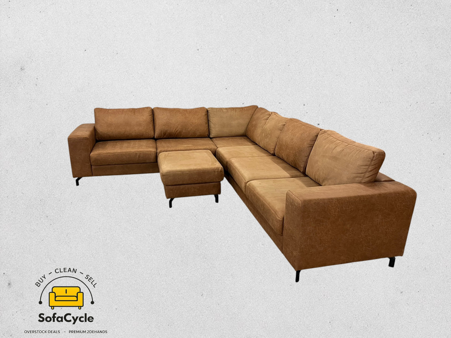 Hoekzetel cognac in microvezel met poef, XL – tweedehands