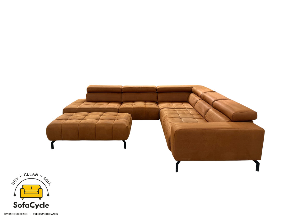 Hoekzetel cognac microvezel, poef + hoofdsteun – tweedehands