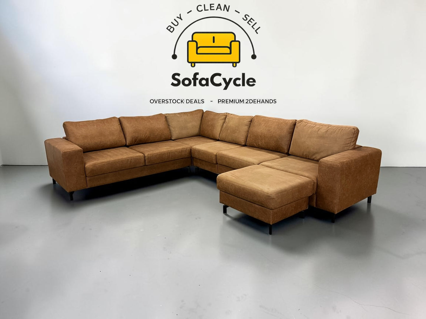 Hoekzetel cognac in microvezel met poef, XL – tweedehands