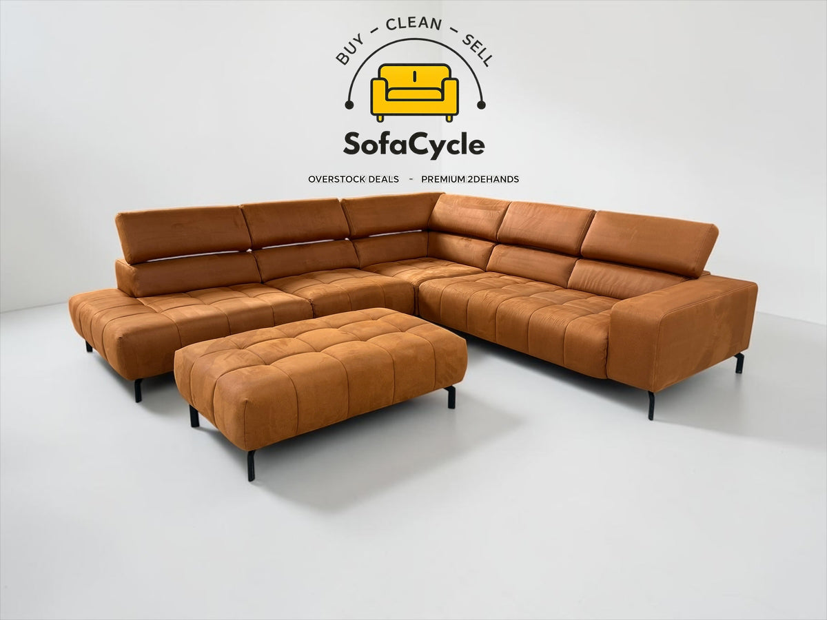 Hoekzetel cognac microvezel, poef + hoofdsteun – tweedehands