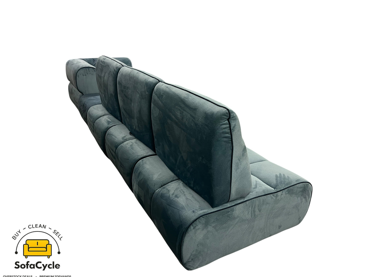 3-zit blauw in fluweel met hoekelement, modulair – overstock